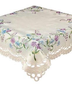 ELSIE - Embroidered Lilac / Blue Floral Ivory Tablecloth 85 x 85 cm (34 x 34") Square