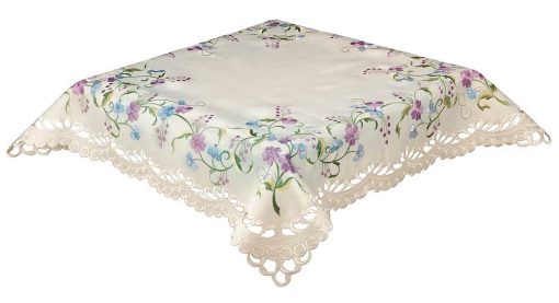 ELSIE - Embroidered Lilac / Blue Floral Ivory Tablecloth 85 x 85 cm (34 x 34") Square