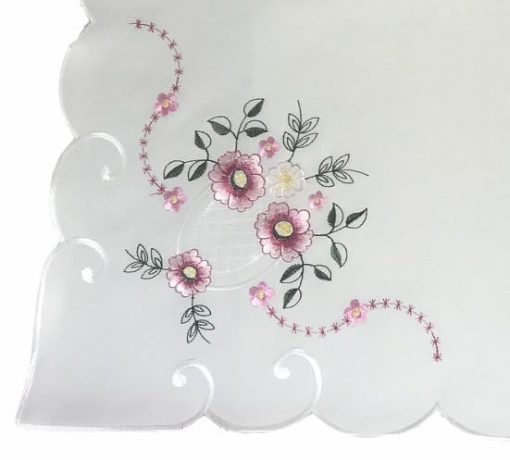 Pink Floral Embroidered Tablecloth in a 85 x 85 cm (34 x 34 inch) Square. - Image 4
