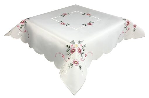 Pink Floral Embroidered Tablecloth in a 85 x 85 cm (34 x 34 inch) Square.