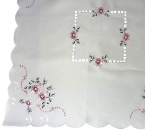 Pink Floral Embroidered Tablecloth in a 85 x 85 cm (34 x 34 inch) Square. - Image 3