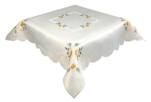 Yellow Floral Embroidered Tablecloth in a 85 x 85 cm (34 x 34 inch) Square.