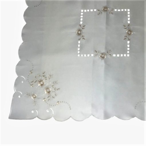 Light Brown Floral Embroidered Tablecloth in a 85 x 85 cm (34 x 34 inch) Square. - Image 3