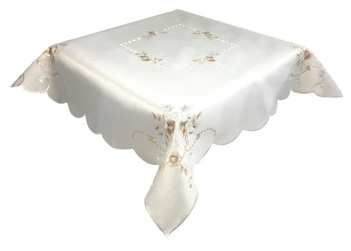 Light Brown Floral Embroidered Tablecloth in a 85 x 85 cm (34 x 34 inch) Square.