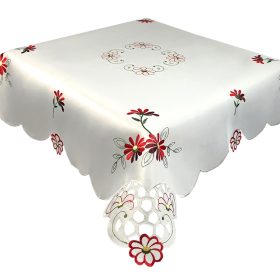 Red Daisy Embroidered Tablecloth in a 85 x 85 cm (34 x 34 inch) Square.