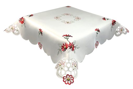 Red Daisy Embroidered Tablecloth in a 85 x 85 cm (34 x 34 inch) Square.
