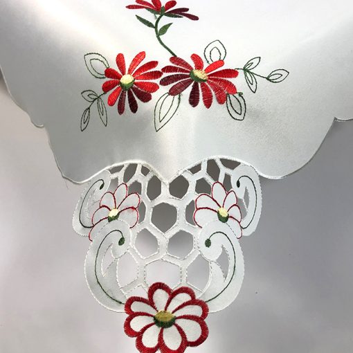 Red Daisy Embroidered Tablecloth in a 85 x 85 cm (34 x 34 inch) Square. - Image 2