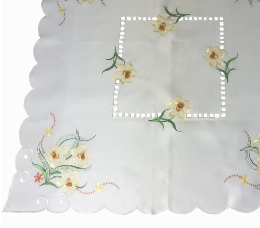 Yellow Floral Embroidered Tablecloth in a 85 x 85 cm (34 x 34 inch) Square. - Image 3
