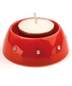 Porcelain Tea Light Holder (pair) with Diamond Style Surround Red 7cm (3")