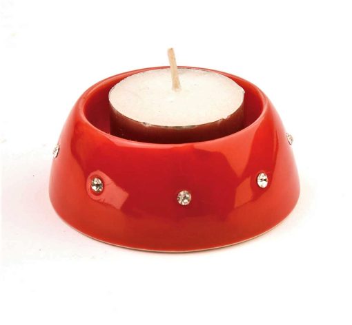 Porcelain Tea Light Holder (pair) with Diamond Style Surround Red 7cm (3")