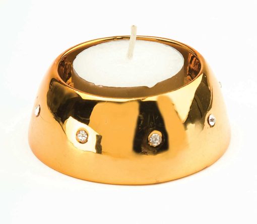 Porcelain Tea Light Holder (pair) with Diamond Style Surround Gold 7cm (3")