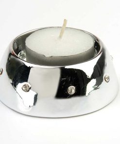 Porcelain Tea Light Holder (pair) with Diamond Style Surround Silver 7cm (3")
