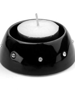 Porcelain Tea Light Holder (pair) with Diamond Style Surround Black 7cm (3")