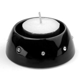 Porcelain Tea Light Holder (pair) with Diamond Style Surround Black 7cm (3")