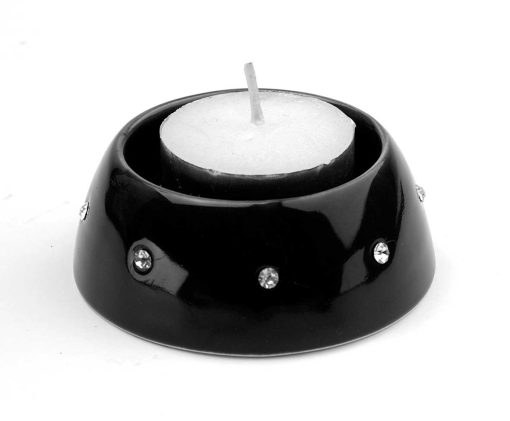 Porcelain Tea Light Holder (pair) with Diamond Style Surround Black 7cm (3")