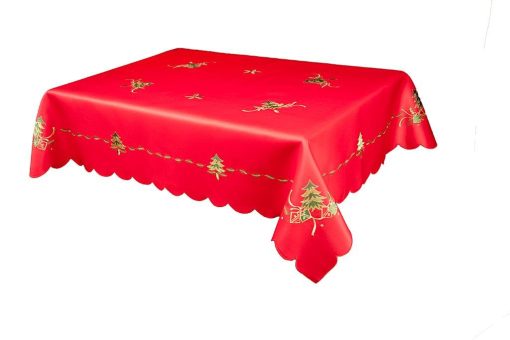 Spruce Tree Christmas Embroidered Tablecloth on a Red or White Ground