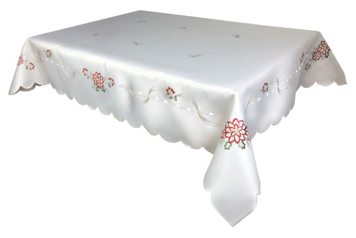 Poinsettia Christmas Tablecloth on Red or White Ground With Poinsettia Embroidery - Image 4