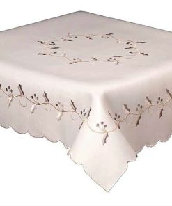 HOLLY VINES WHITE / SILVER Embroidered Christmas Tablecloth 178 x 280 cm (70x108") Oblong + 10 Napkins
