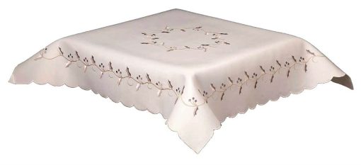 HOLLY VINES WHITE Tablecloth Silver Vine Embroidery 178 cm (70") Round + 6 Napkins