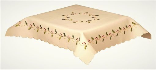 HOLLY VINES CREAM Embroidered Christmas Tablecloth 127 x 230 cm (50 x 90") Oblong + 8 Napkins