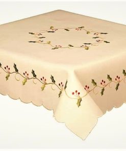 HOLLY VINES CREAM 137 x 137 cm (54 x 54") Square + 4 Napkins Embroidered Christmas Tablecloth