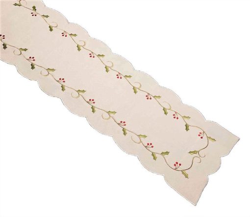 HOLLY VINES Embroidered Christmas Table Runner in Red, Cream or Silver - Image 3