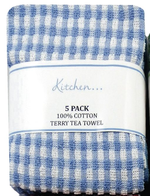 5 Terry Tea Towels Pack With Check and Plain Design 100% Cotton - Image 2