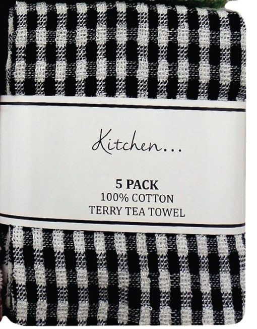 5 Terry Tea Towels Pack With Check and Plain Design 100% Cotton - Image 4