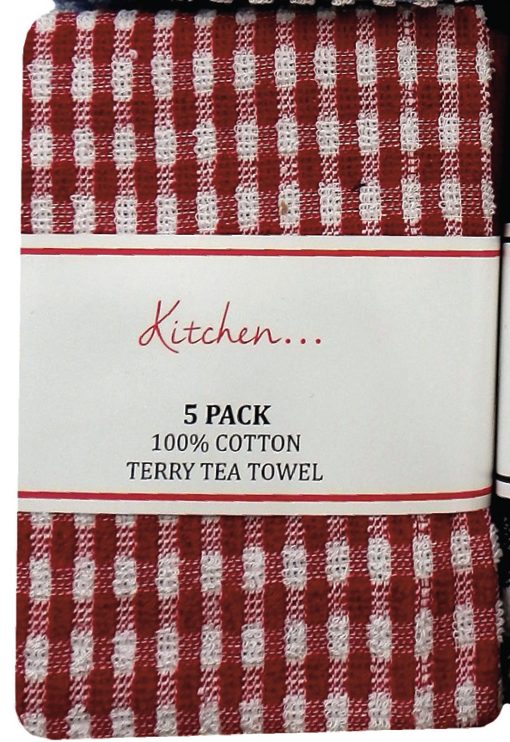 5 Terry Tea Towels Pack With Check and Plain Design 100% Cotton - Image 5