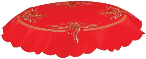 Christmas Tablecloth on Red with Tree and Ribbons Embroidery 85 cm (33") Round - Image 2
