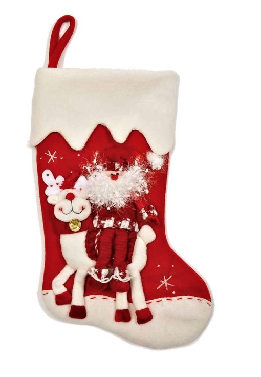 Fleece stocking - Santa  on Reindeer,  Red/White 53cm (21")