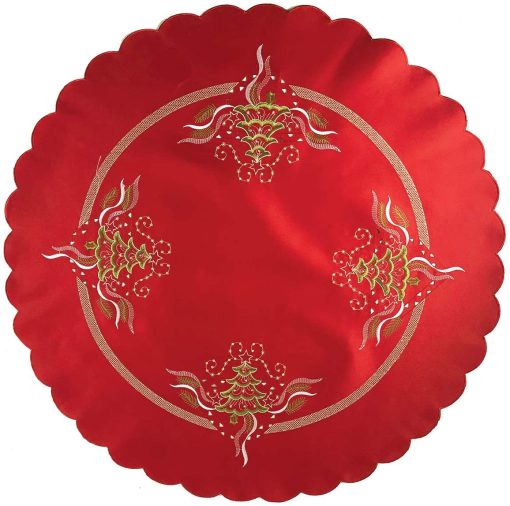 Christmas Tablecloth on Red with Tree and Ribbons Embroidery 85 cm (33") Round