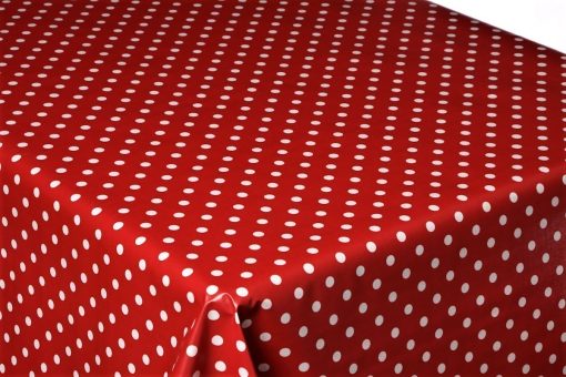RED POLKA DOT Oilcloth Tablecloth, Coated Cotton Sold in Half Metres 137cm (54") Wide