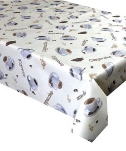 ESPRESSO Coffee Cups with script on cream Oilcloth Tablecloth, Coated Cotton Sold in Half Metres 137cm (54") Wide