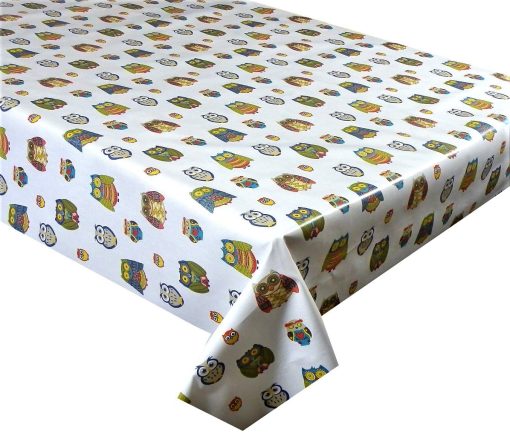 COLOURFUL OWLS Oilcloth Tablecloth, Coated Cotton Sold in Half Metres 137cm (54") Wide