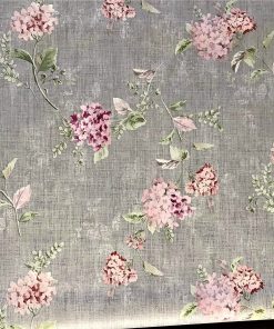 Pink Chrysanthemums on a Grey Textured Ground Vinyl Tablecloth Design 137cm (54" Wide) Sold in Half Metres