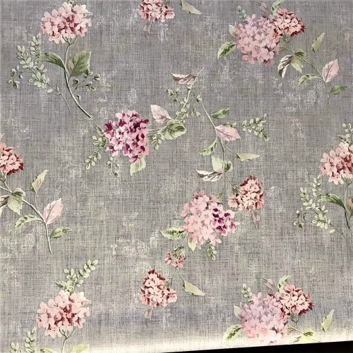 Pink Chrysanthemums on a Grey Textured Ground Vinyl Tablecloth Design 137cm (54" Wide) Sold in Half Metres