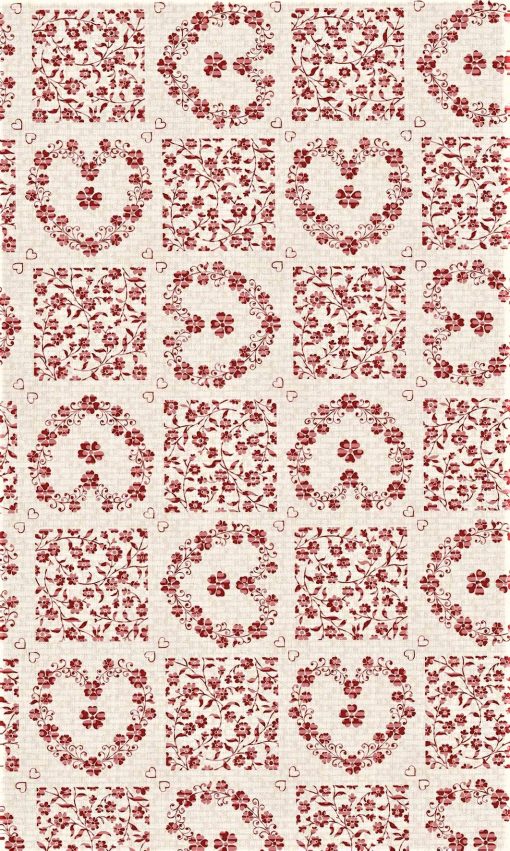 Red Floral Hearts Tile Vinyl Tablecloth 137 cm (54" Wide)